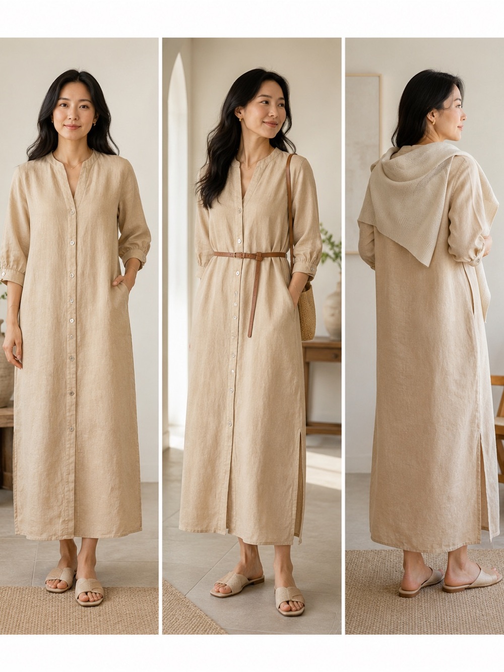 Zara Natural 100% Linen Lagenlook Boho Beach Maxi Button Shirt Dress Pockets XS